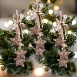 3 Stars Ornament Pink Rose Gold Tiered Christmas Tree Silk Bow Ribbons